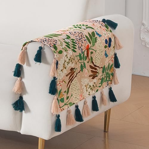 Image of HOKIPO Premium Holland Velvet Sofa Armrest Cover | Printed Design Arm Cover with Tassels | 'Whispers of Nature' (1 Pair) Beige Woodland Bloom (IN-1115-D4*2SC)