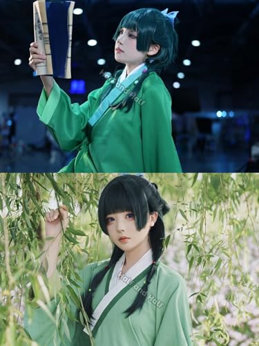Image of Half and Half Maomao Cosplay Wig 19'' Dark Green Mao Mao Costume Anime Wigs with Straight Bangs Green Pigtail Twin Tails Wigs for Women Daily Party