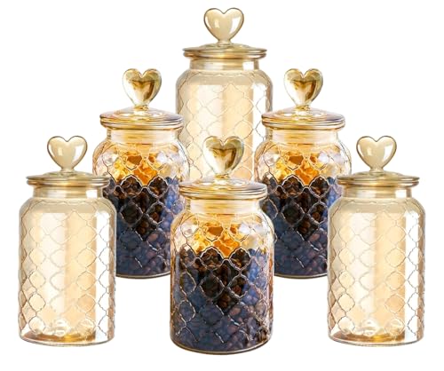 Image of MARTVIA Brown Glass Food Storage Jars with Glass Lids 1000ml Set of 6, Love Heart Handle Lid Jar for Home Kitchen,Flour, Sugar, Coffee, Pasta, Oats, Cookies, Snacks (Heart 1000 ML Jar, SET OF 6)