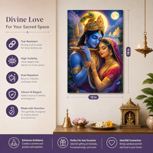 Image of Rangoli Radha Krishna Self Adhesive Poster 12x18 Inch | Divine Hindu God Wall Sticker Poster for Home Temple Pooja Room Living Room Bedroom Decor | Spiritual Devotional Wall Art