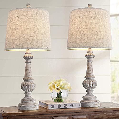 Portres 24.5'' Traditional Table Lamp Set Of 2 For Living Room Linen Fabric Lampshade Bedside Nightstand Lamps For Bedroom Kids Room Study Room Office Rustic Table Lamps Resin #TOP2