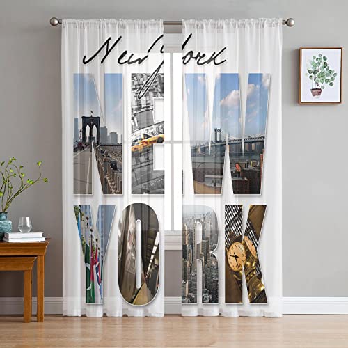 LUOWAN Rideaux Voilages 2 Panneaux 35% Rideaux Occultants Taille Totale 183x160 CM Blanc Art Ville New York Rideaux Décoratifs Pour La Maison Pour Cuisine Chambre Salon Fenêtre Chambre Ferme Décoratio