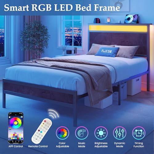 Image of Fluest Twin Bed Frame with Headboard & Footboard, Twin Bed Frame with Charging Station & LED Light, Under-Bed-Storage, No Box Spring Needed, Noise Free, Easy Assembly, Coffee Brown