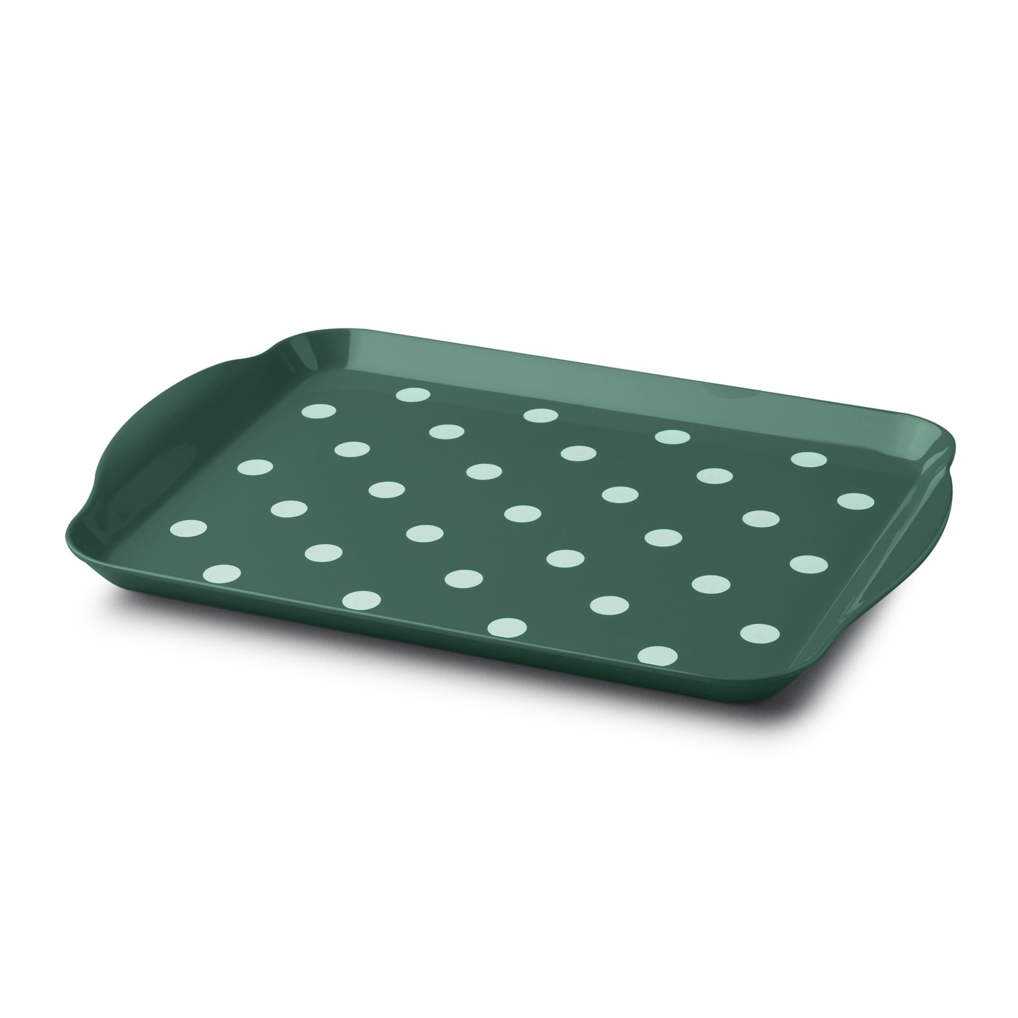 Zeal Melamine Food Serving Tray with Handles and Lipped Edges, Dotty Polka Dot Serving Lap Tray 30 x 21cm, Forest Green