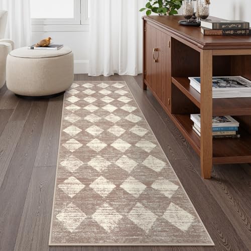 Lahome Moroccan Treills Runner Rug - 2x6 Beige Washable Rug Runner Carpet Runners for Hallway 6ft Non Skid, Checkered Faux Wool Long Kitchen Bathroom Non Skid Runners for Bedroom Hallway Ent