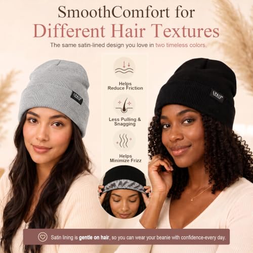 Image of 2 Pack Satin Lined Beanies for Men and Women Warm Cuffed Winter Hats