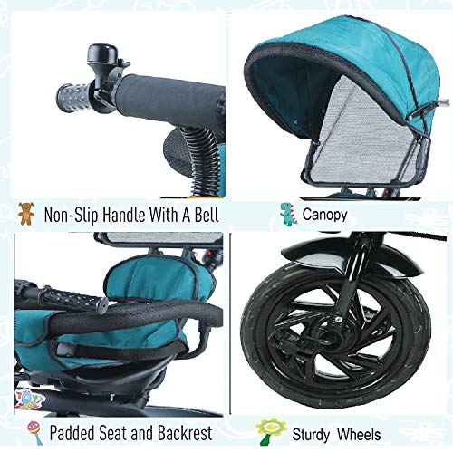 Image of JoyRide 3 in 1 Baby Tricycle Toddler Stroller Kids Pedal Tricycle w /Pusher Removable Canopy Safety Bar Storage Footrest for 18 Months to 5 Years (Green)