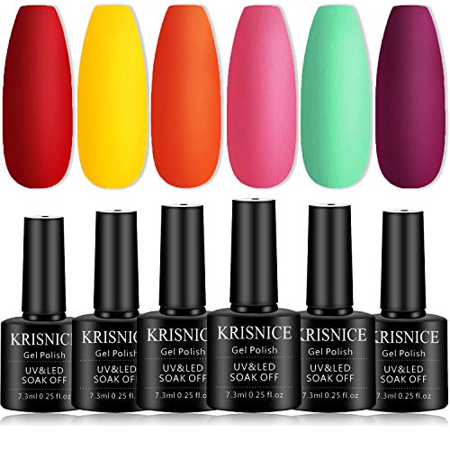 KRISNICE Gel Nail Polish Set 6 Colors Neon Yellow Pink Orange Gel Polish KitNail Gel Polish Soak Off LED Gel Nail Manicure Kit DIY at Halloween Home Gifts for Women (KCS6-007)