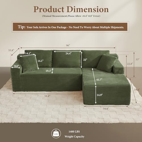 Image of 96 inch Sectional Couches for Living Room Cloud Couch Sofa with L-Shape Upholstered Boneless Couchs Modern Modular Sectional Couch with Chaise (Green, 95 inch W+Right Facing Chaise+2Seaters)
