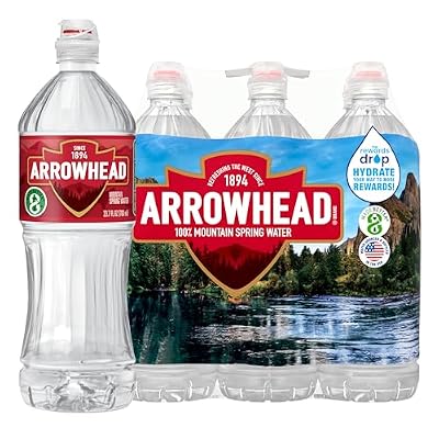 زجاجات مياه الينابيع الجبلية من Arrowhead، عبوة من 6 قطع - مياه معبأة في زجاجات ثابتة تحتوي على معادن طبيعية للتذوق - زجاجة رياضية سعة 23.7 أونصة سائلة مع غطاء قابل للطي