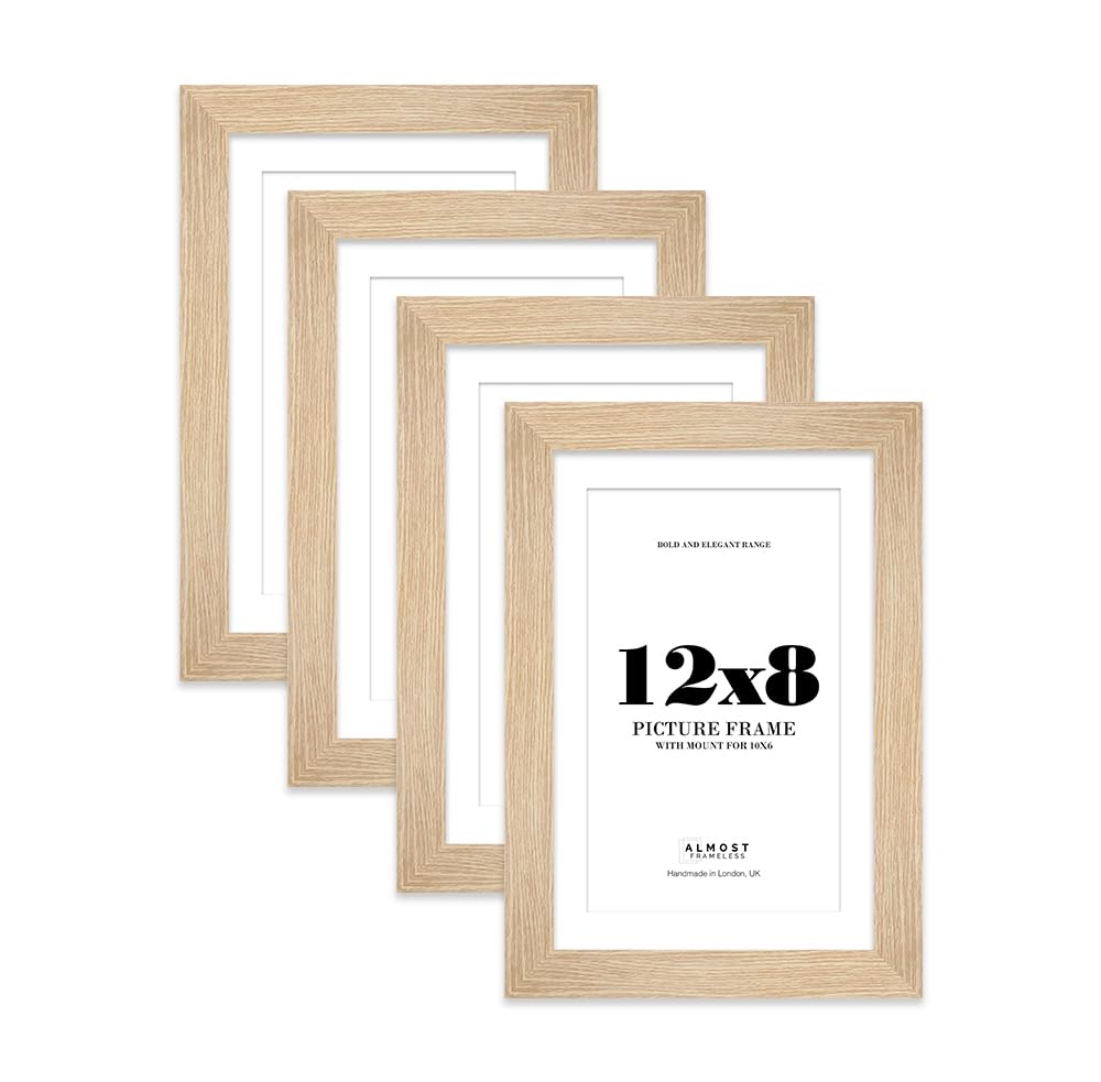 12x8 Oak Frame With Mount for 10x6 Pictures 28mm Edge Portrait and Landscape Display with Wall Hooks and Kickstand, 4 Pack