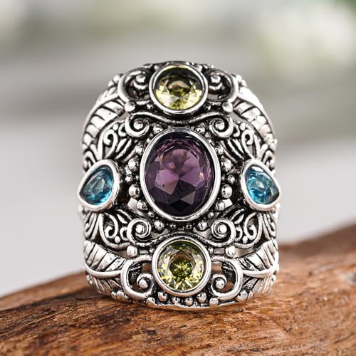 Vintage Silver Color Wide Ring for Women Bright Cubic Zirconia Jewelry for Anniversary