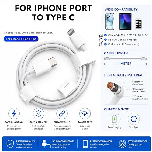 Image of Smolink Type-C to Port Data Cable | Durable Fast Charging & Data Sync Cable | Compatible for iPhones Devices | Original Superfast Charge