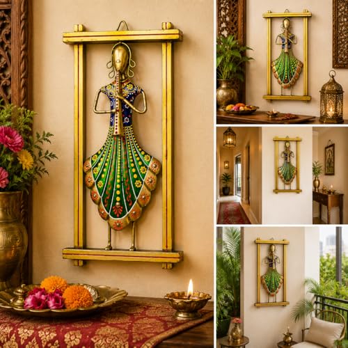 Image of iHandikart Handmade Metal Wall Art with Flute Player Design | Traditional Indian Musician Wall Hanging Decor | Hand-Painted Iron Wall Sculpture for Living Room & Bedroom Decoration | 13 x 7 Inch
