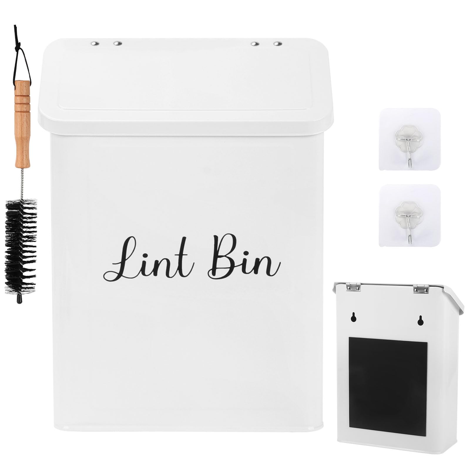 Tefola Magnetic Lint Bin for Laundry Room – Metal Lint Holder Box with Lid & Dryer Lint Brush – Durable Metal Trash Can for Dryer Lint Collection – Farmhouse-Style Laundry Organizer(White A)