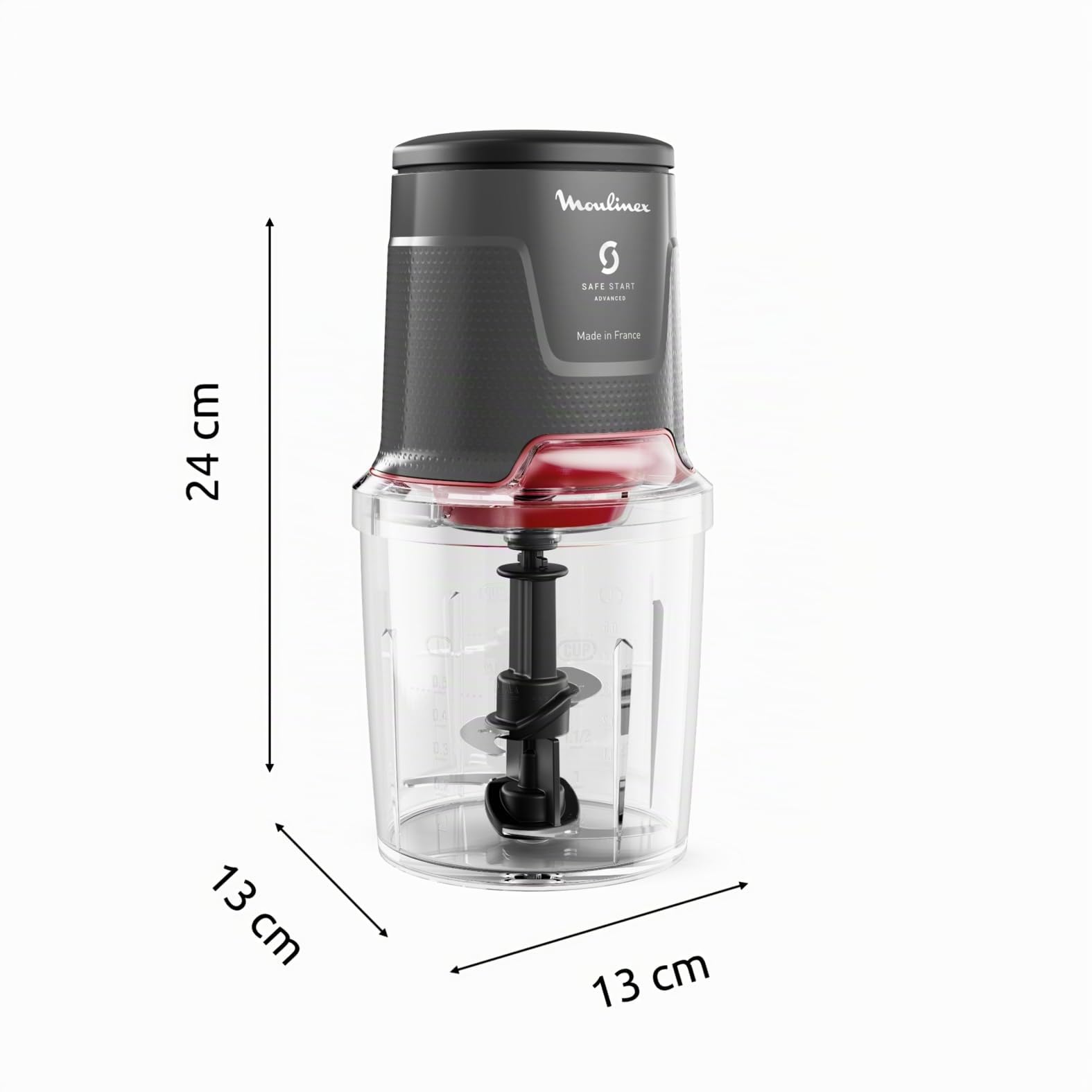 Moulinex Easy Press, Picadora de alimentos, 600 W, Capacidad de 500 ml, 4 cuchillas afiladas de acero inoxidable, Tecnología Safe Start Advanced, 3 funciones, Apta lavavajillas, Gris, AT740HF1