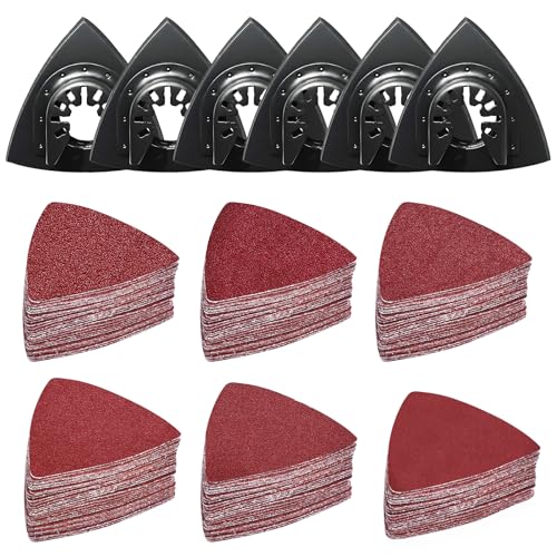 156Pcs Multi Tool Sanding Pad Kit 6Pcs Triangle Sanding Pads 150Pcs multitool sanding pad 40/60/80/120/180/240 Grits Hook & Loop Multitool Sandpaper for Wood/Plaster etc Surfaces Polish Sanding