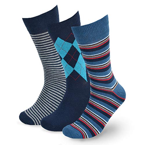 BG Premium Dress Socks for Men. Classic and Formal Apparel Patterned Socks, 3 Pair Set with a Gift Box - Blue Argyle & Stripes