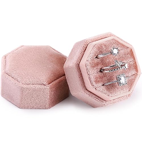 WantGor Velvet Ring Box, 3 Slots Jewelry Ring Gift Box Vintage Ring Display Holder Case for Wedding Ceremony Proposal Engagement (Blush Peach)