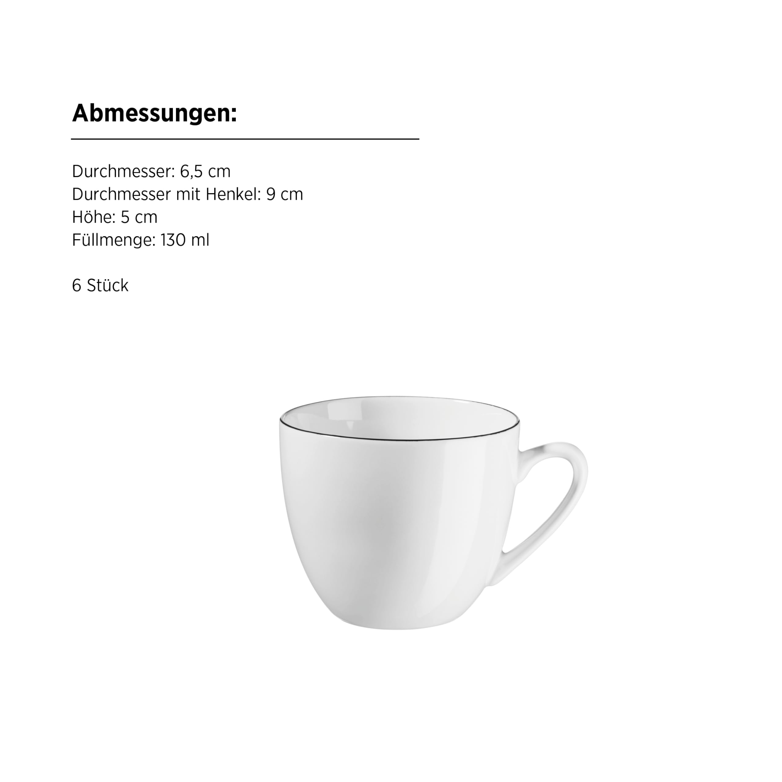 Mäser Serie Felise, Espressotassen Set 12-teilig aus Porzellan – 6 Tassen & 6 Untertassen – Weiß mit schwarzem Rand