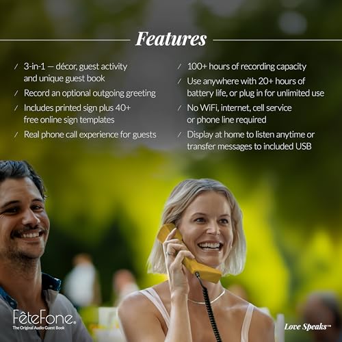 FeteFone The Groove Vintage Audio Guest Book Phone, Unique Voicemail Message Recorder, Guestbook Alternative for Wedding, Bridal Shower, Birthday Party, Baby Shower, Anniversary, Engagement, Bone