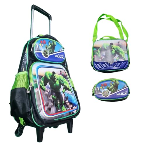 Mochila Escolar de Rodinhas Com Estojo e Lancheira Térmica Hulk Kit 3 Peças
