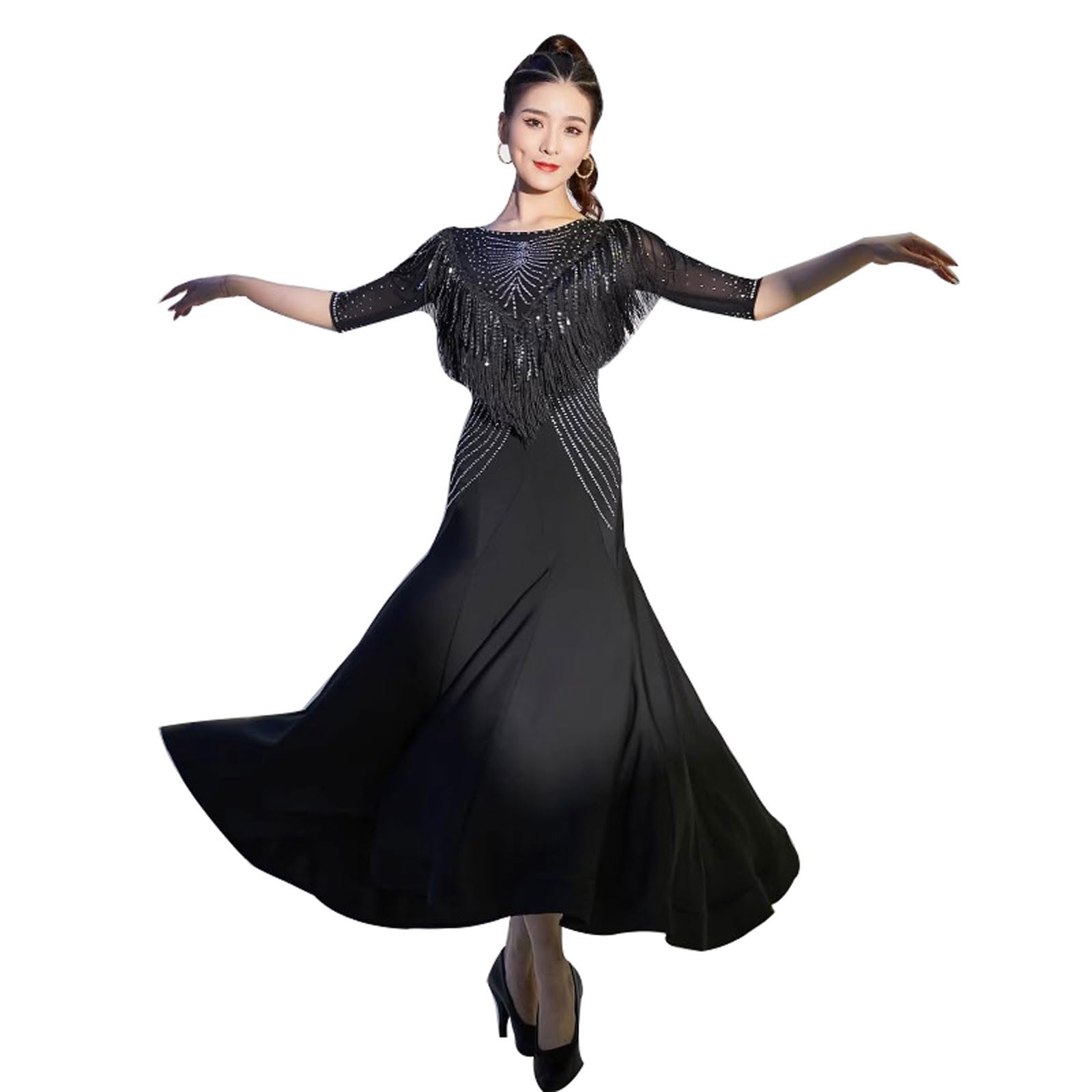 Sukienka do Tańca Standardowego National Standard Spódnica do Tańca Walca ze średnim Rękawem dla Pań Strój Flamenco z Frędzlami Foxtrot Kostiumy Salsa Tango Ze Strasami