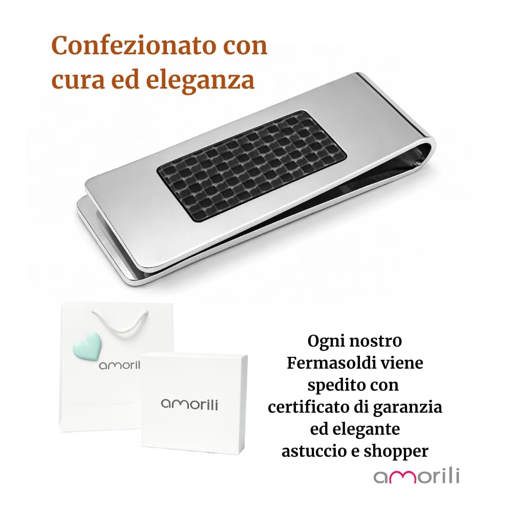 Fermasoldi Uomo in Acciaio Inox con Fibra di Carbonio – Accessorio Moderno ed Elegante – Clip Ferma Banconote a Molla per Soldi – Idea Regalo Uomo fsl027