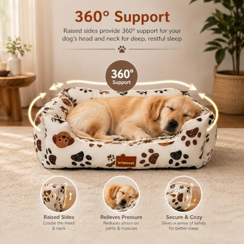 Image of SITSNOOZE Small Dog Bed (Up to 5kg) for Shih Tzu, Pomeranian, Chihuahua Puppies - Plush Soft Washable Bed, Orthopedic Cushion, Indoor Waterproof Anti-Slip Bottom Pet Mattress (Beige Printed, S)