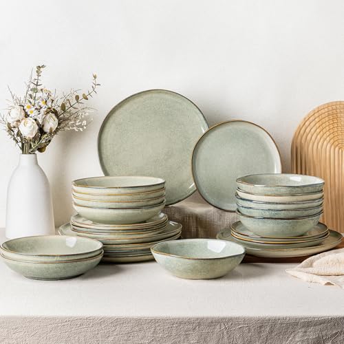 GBhome Steingut Geschirrset 6 Personen, 24-tlg Reaktive Glasur Handarbeit Geschirr Set, Mikrowellen- & Spülmaschinenfest Schüssel- und Teller Set, Desret Salbei, GDW007GY-24P-EU GBhome Steingut Geschirrset 6 Personen, 24-tlg Reaktive Glasur Handarbeit Geschirr Set, Mikrowellen- & Spülmaschinenfest Schüssel- und Teller Set, Desret Salbei, GDW007GY-24P-EU