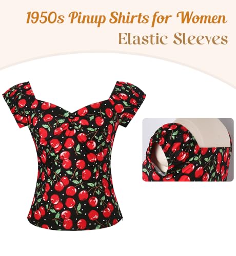 Image of YARN & INK Women's Rockabilly Tops 1950s Pinup Shirt Casual Off Shoulder Vintage Blouse