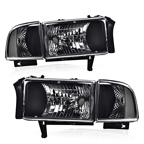 Image of GRAND ORANGE Headlights Assembly, Compatible with Dodge Ram 1500 2500 3500 1994 1995 1996 1997 1998 1999 2000 2001 2002 Black Housing Clear Corner Lamps(Clear lens Black Housing Clear Reflector)