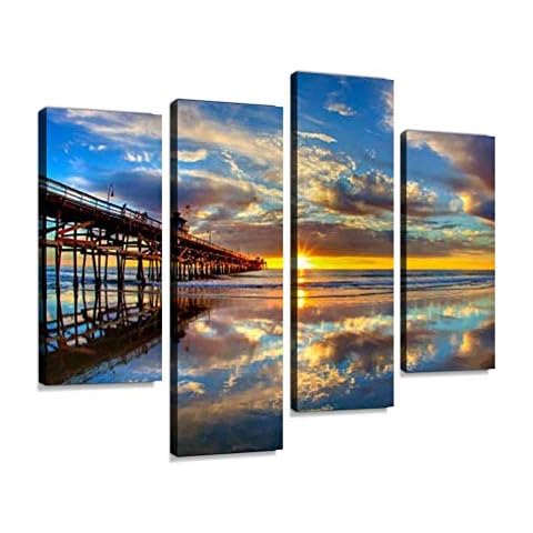 San Clemente Pier Summer Sunset Canvas Wall Art Hanging Paintings Modern Artwork Abstract Picture Prints Home Decoration Gift Unique Designed Framed 4 Panel Cover