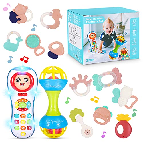 Image of WOSTOO Baby Toys 0–6 Months, Baby Teething Toys Early Educational Learning Toys Gifts, Including Infant Shaker Grab and Spin Rattle with Music and Light for Infant Newborn Boys Girls