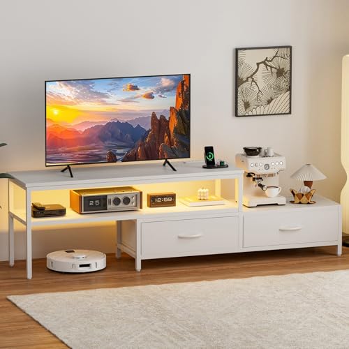 IKIFLY テレビ台 伸縮 テレビボード 収納チェスト ロータイプ 棚付き 引き出し ローボード ライト付き テレビラック ワイドチェスト 自由レイアウト 大容量収納 コーナータイプ 32/40/50型対応tv台 オープン収納 幅調整可能 角度調整 省スペース 北欧 おしゃれ 総耐荷重150kg(幅100-190×奥行30×高さ42cm,白色)