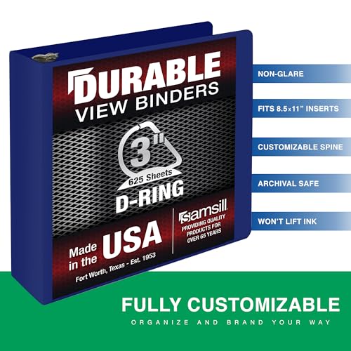 Image of Samsill Durable 3 Inch Binder, D Ring Binder, Customizable Clear View Cover, Dark Blue, Holds 625 Pages