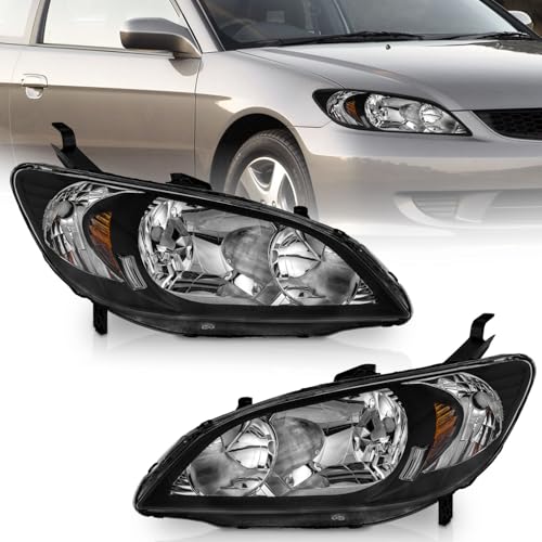 WEELMOTO for 2004-2005 Honda Civic 2/4Door Headlights Assembly Replacement Pair Headlamp Replacement Black Housing Amber Reflector Left+Right Side