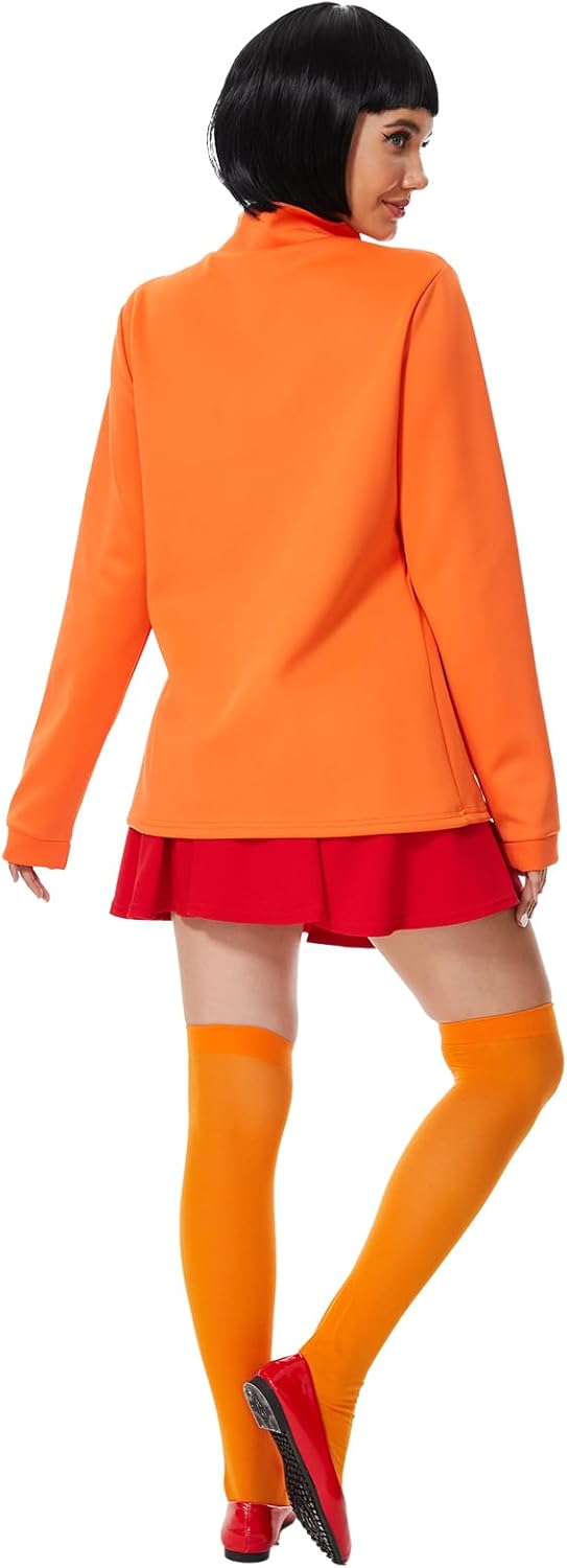 Halloween Adult Costume for Women Classic Movie Characters Costumes Orange Top Shirt with Red Pleated Skirt Outfit Set - Image 3