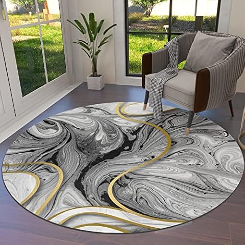 Olivefox Round Area Rugs Abstract Gray Gold Marble Textured Super Soft Indoor Stain-Proof Carpet Floor Mat Anti-Skid Runner Rugs for Home Living Room, Bedroom, Dining Room, 6 Feet Cover