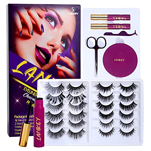 Magnetic Eyelashes with Eyeliner Kit, 14 Pairs Reusable False Eyelashes Natural Look, 2 Tubes of Magnetic Eyeliner, 3D 6D Magnetic Lashes with Applicator & Mirror Case For Girls, Easy to Wear No Glue