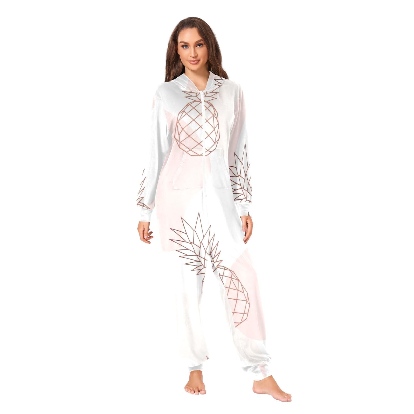 Pigiama intero natalizio con ananas, bianco e rosa, per adulti, unisex, in morbido pile con cappuccio e cerniera
