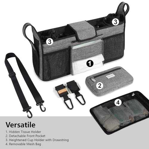 Image of TOPDesign Universal Baby Stroller Organizer, Double Stroller Caddy with Detachable Mesh Bag & Heightened Insulated Cup Holders & Non-Slip Secure Hooks Accessories, Fits Most Strollers (Checkerboard)