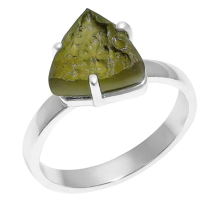 Natural Moldavite Rough Prong Ring for Women – Authentic Czech Gemstone – 925 Sterling Silver Handmade Jewelry – Unique Raw Crystal Engagement Ring – Boho Healing Statement Ring Gift