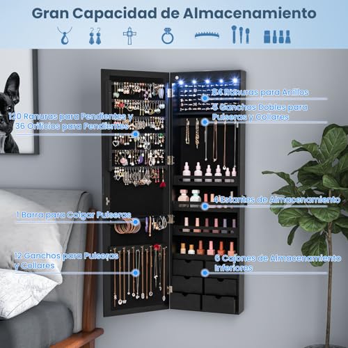 Miniatura 4 de Costway Espejo Joyero De Pared, Armario Joyero Con Espejo De Cuerpo Entero, Iluminación Led, Armario Para Joyas De Puerta Con 6 Cajones, Cerradura, Gran Espacio De Almacenamiento