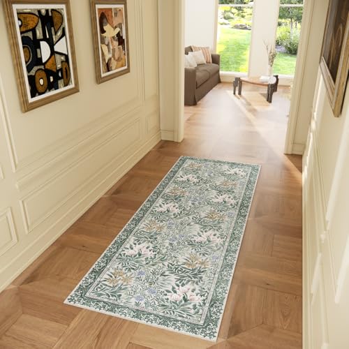 Image of Botanical Floral Washable Runners for Hallways Area Rug 2x6 Light Green Cream Vintage Garden Design, Perfect for Carpet for Kitchen Bedroom Bathroom Laundry Room