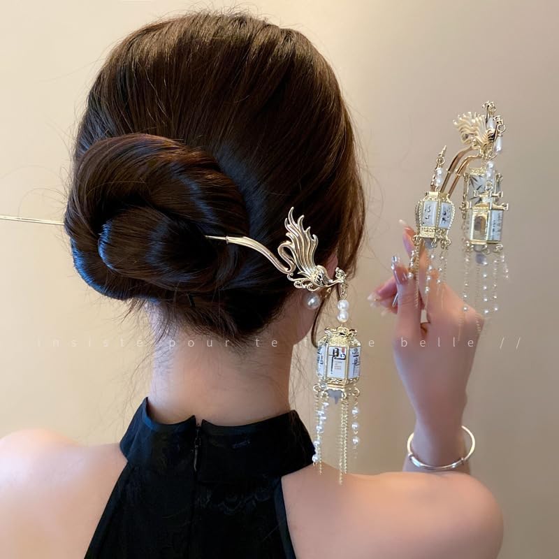 Image of 1pcs of Chinese Hair Sticks for Buns, Pearl Flower Vintage Metal Hair Chopsticks for Women and Girls Dangle Tassel Pendant Hair Accessories Hanfu Handmade Decor Hairpin (red chinese stick)