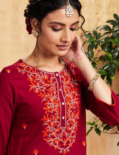 Image of Amazon Brand - Myx Women Embroidered Straight Fit Kurta (Available in Plus Sizes)