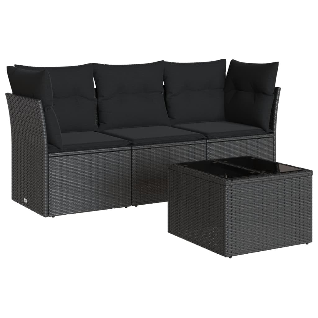 Zestaw Sofas Garden 4 szt. Rattan PE czarny z poduszkami | Wodoodporna torba do przechowywania, stół ze szkła hartowanego, zmywalne pokrowce, modułowa konstrukcja