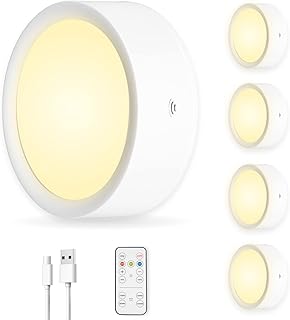 Rechargeable Under Cabinet Lighting, Puck Lights with Remote Control, Magnetic Kitchen Lights Under Cabinet, Tap Light Push Lights Stick on, LED Closet Lights Touch Light for Closet, Indoor(4 Pack)