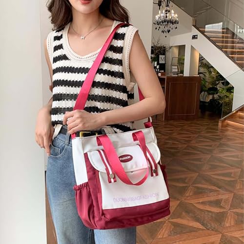 Colorblock Nylon Shoulder Tote - Spacious Stylish Carry Bag for Women (Red)4